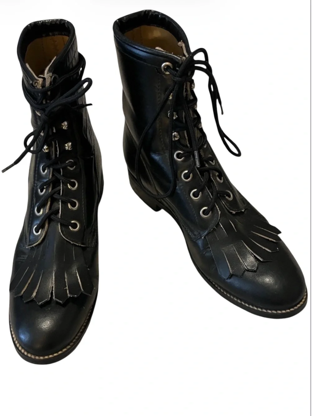 Justin Junior Black Leather Lace-Up Ankle Fringe Roper Boots Sz 4.5